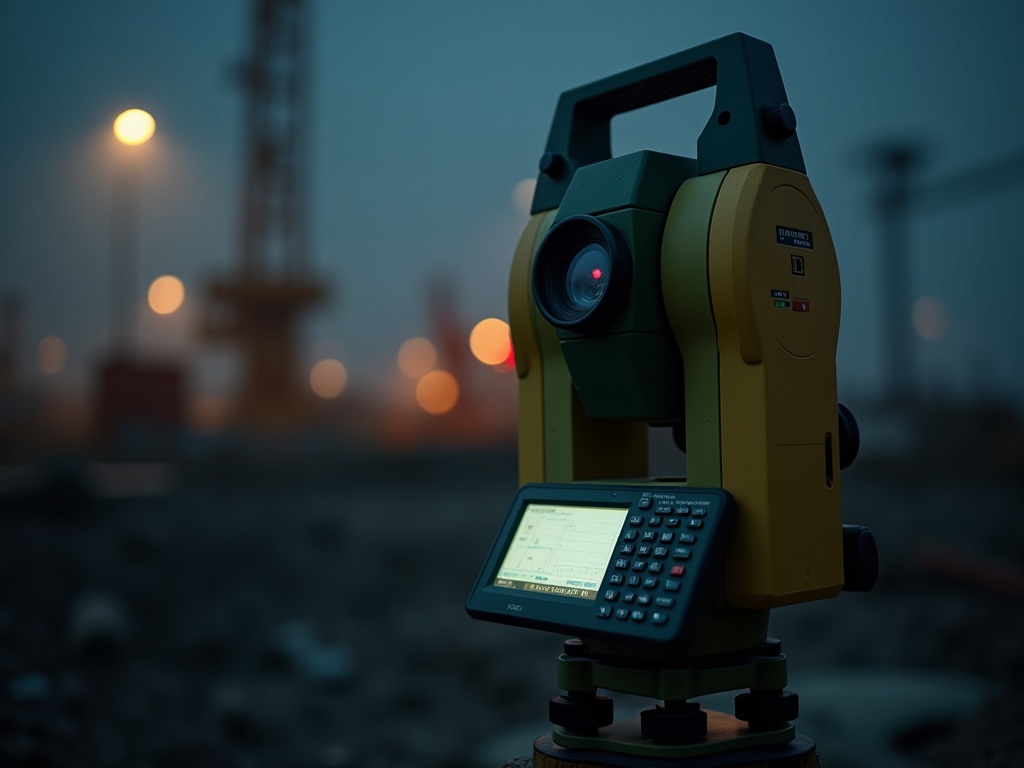 Nahaufnahme einer Total-Station bei der Vermessung auf der Tiefbaustelle