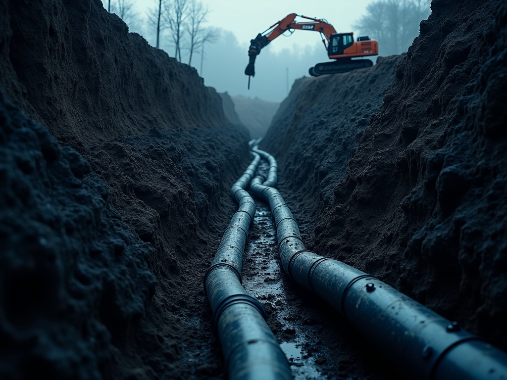 Präzise Rohrverlegung in einem Leitungsgraben auf der Tiefbaustelle