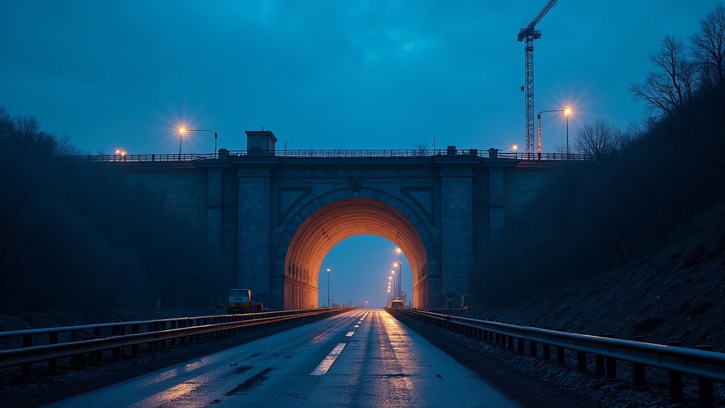 Brücken- und Tunnelportal zur blauen Stunde als Sinnbild fertiggestellter Infrastruktur